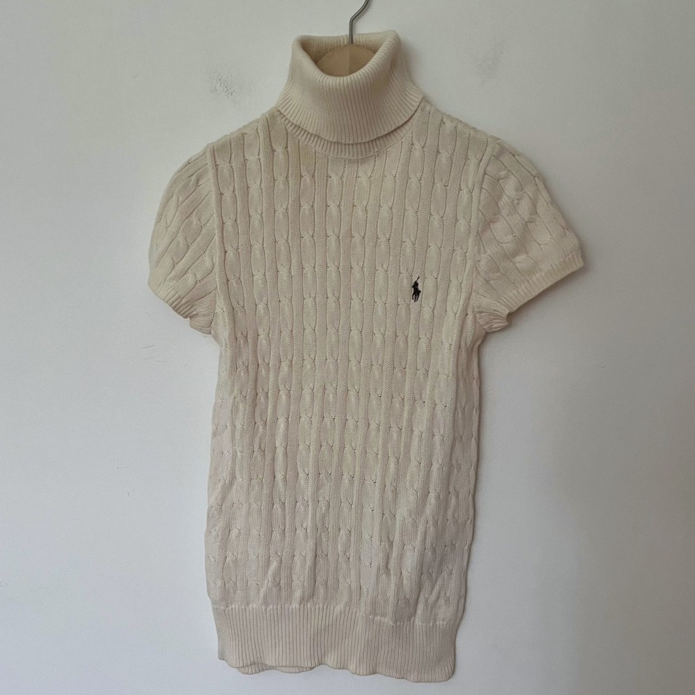 Ralph Lauren Womenswear Cream Cable Knit Turtleneck Short Sleeve Sweater Large